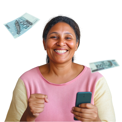 Mulher, sorrindo, comemorando um sorteio de frente para a câmera