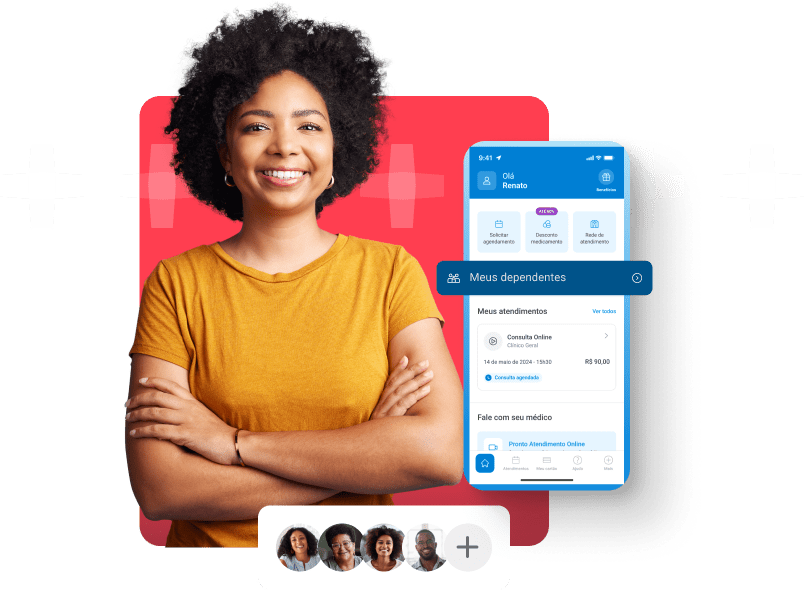 Uma mãe, sorrindo, ao lado de uma representação de como adicionar seus dependentes pelo aplicativo Vale Saúde